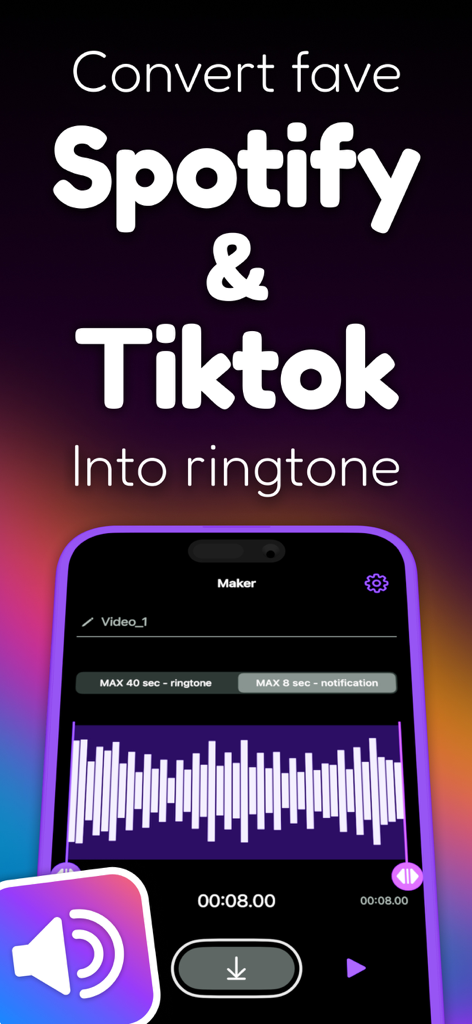 RINGTONE MAKER #1 for iPhone - Interfaz de una aplicación de iPhone que muestra un editor de formas de onda para convertir audio de Spotify y TikTok en tonos de llamada personalizados