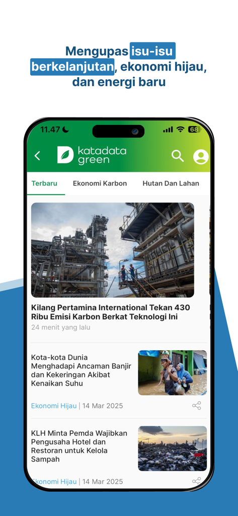 Katadata - Katadata Green app interface showing news articles about sustainability and the green economy in Indonesia