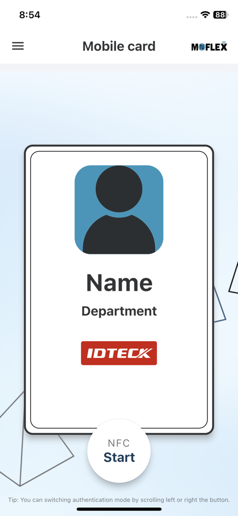 Moflex - Moflex mobile app interface displaying a digital identification card with an NFC start button for secure building access