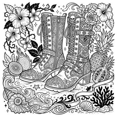 Dive into a uniquely styled coloring experience with our Gothic Summer Boots page. This intricate design blends ornate boots with tropical elements for a truly captivating artistic journey.