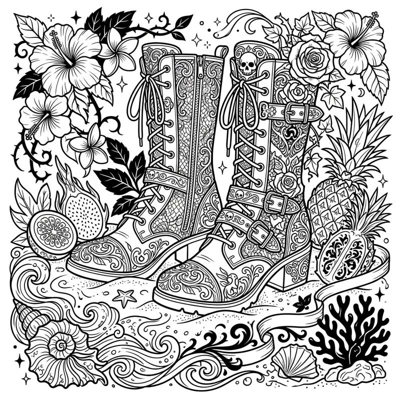 Dive into a uniquely styled coloring experience with our Gothic Summer Boots page. This intricate design blends ornate boots with tropical elements for a truly captivating artistic journey.