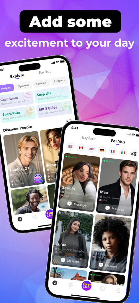 2つのモバイル画面に、Kissアプリのインターフェースが表示され、グローバルユーザープロフィールと性格に基づいた発見機能が表示されています