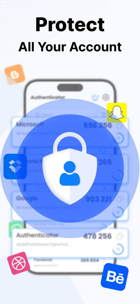Ein digitales Schildsymbol symbolisiert den Schutz über einem Smartphone, das verschiedene Online-Konten anzeigt