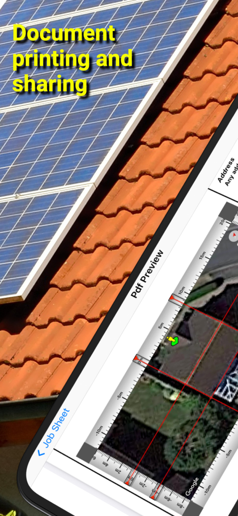 RoofSnoop - RoofSnoop app displaying a PDF preview of a solar installation job sheet with satellite roof measurements