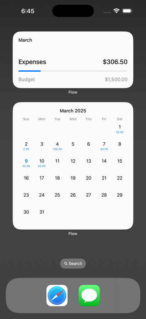 Flow: AI Expense Tracker - Flow AI Expense Tracker widgets displaying monthly budget progress and a spending calendar on an iPhone home screen