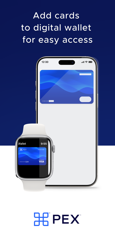 Cartões de negócios PEX exibidos em uma carteira digital em um iPhone e Apple Watch