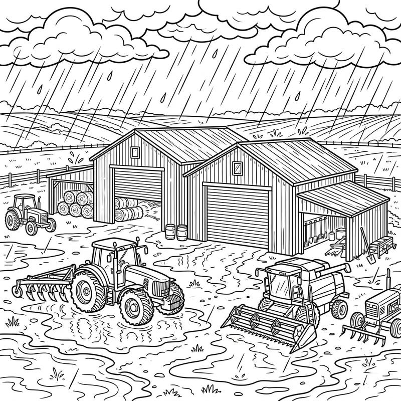 Embrace the cozy atmosphere of a rainy day on the farm with this detailed coloring page. Featuring robust equipment barns, busy tractors, and glistening puddles, it's a perfect scene to bring to life with your favorite colors.