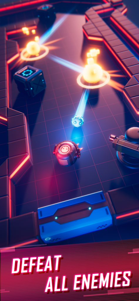 Captura de pantalla del juego móvil Flaming Core con niveles iluminados de neón y la misión de derrotar a todos los enemigos.