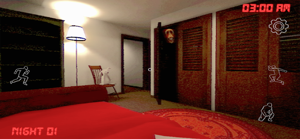 Obelisk Analog Horror Game - Una criatura aterradora asomándose de un armario en una escena de dormitorio de estilo VHS granulado del juego Obelisk