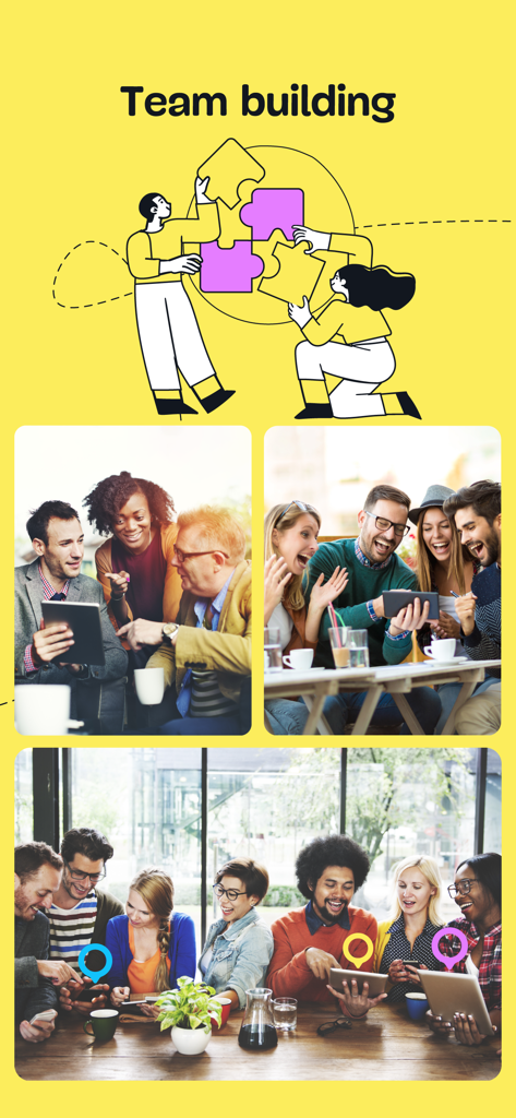 Loquiz - Diverse groups of professionals and friends using the Loquiz app for team building activities and scavenger hunts.