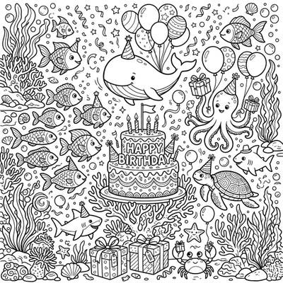 Explore a delightful underwater world celebrating a birthday! This intricate coloring page is packed with cheerful marine creatures, a festive cake, and presents, all ready for your creative touch.
