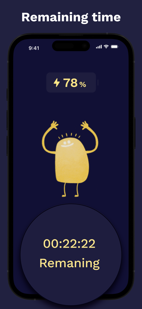 Charging Play & Emoji Battery - An iPhone screen showing a cute yellow character animation with a countdown timer for remaining charging time