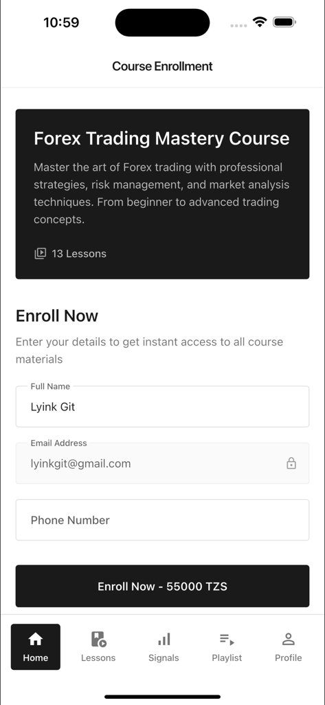 Forex Trading Mastery Course enrollment page in the Vision Trader app.