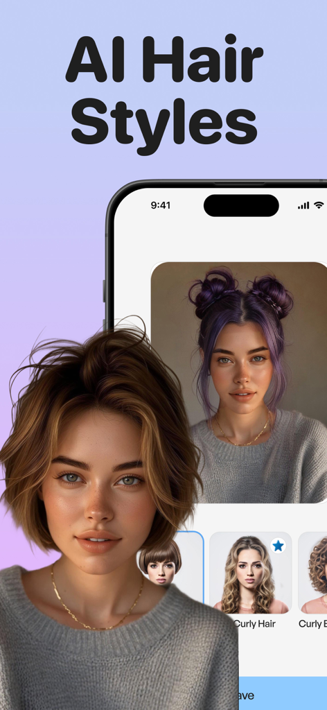 AI Hair Styles, Change Haircut - Interface do aplicativo Penteados com IA, Mude o Corte de Cabelo mostrando uma transformação virtual de cabelo e mudança de cor.