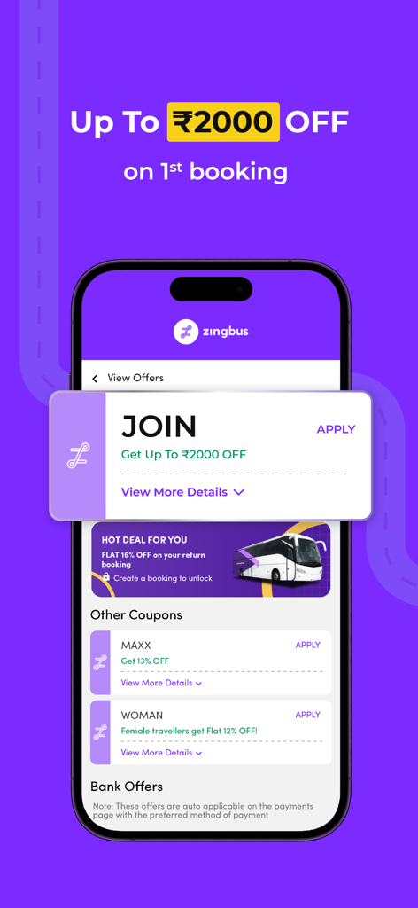 zingbus:Book Bus Ticket Online - Schermata dell'app mobile Zingbus che mostra offerte promozionali e sconti per la prenotazione di biglietti dell'autobus.