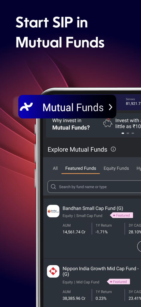 Nuvama: Live Share Trading App - Nuvama app interface for exploring mutual funds and starting a systematic investment plan