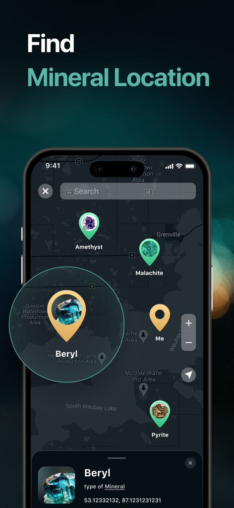 Stone Identifier - Rock Finder - Map view of the Rock Finder app showing deposit locations for minerals like Beryl and Amethyst
