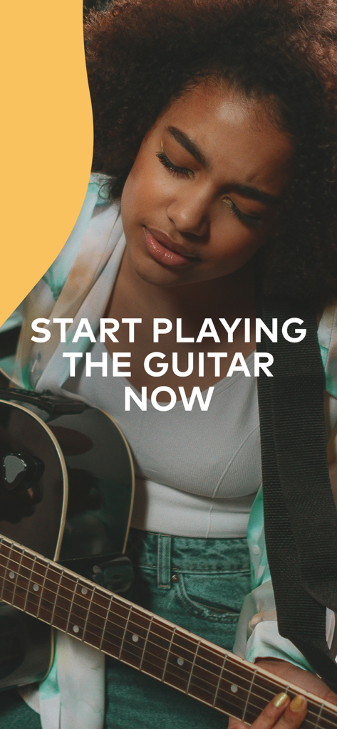Fretello Guitar Lessons - A woman playing an electric guitar with text saying Start Playing the Guitar Now