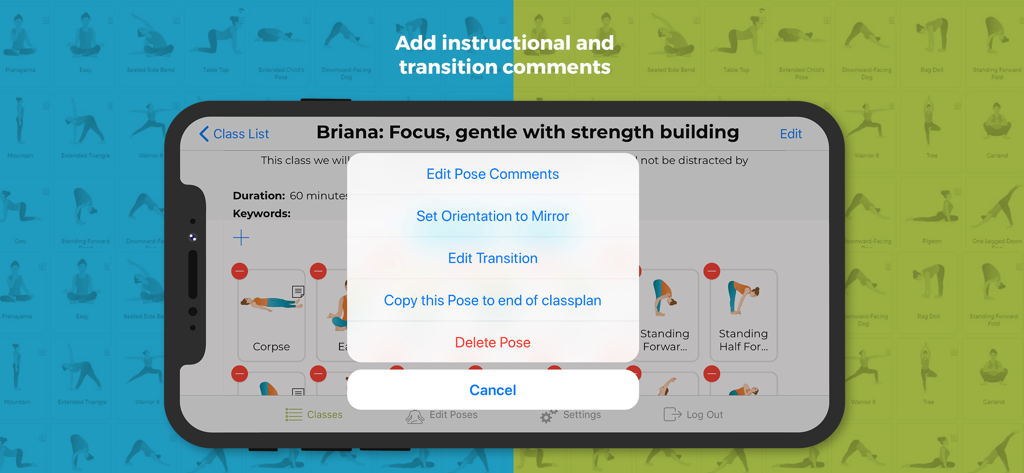 Mobile interface of Yoga Class Plan showing a menu for editing pose comments and transitions