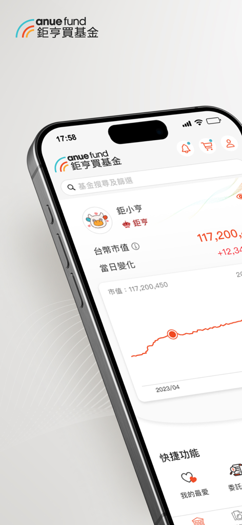 鉅亨買基金 – 買好基金必備APP - Dashboard of the Anue Fund mobile app showing an investment performance chart and market value on an iPhone
