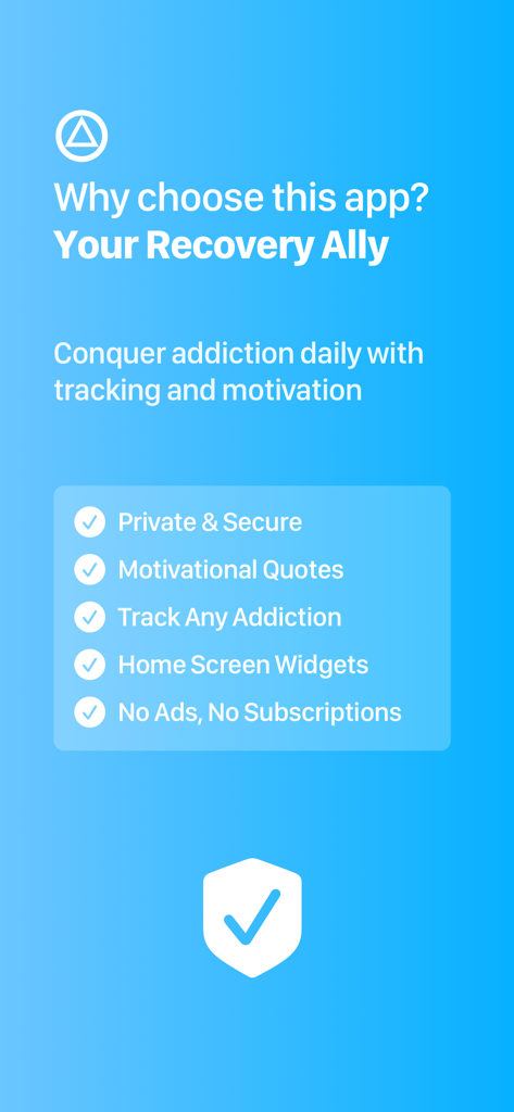 SoberLife - Sobriety Counter - A list of SoberLife app features including privacy motivational quotes and addiction tracking options on a blue gradient background