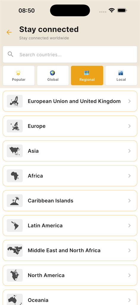 Master Voyages - Master Voyages app screen for selecting travel regions to stay connected worldwide.