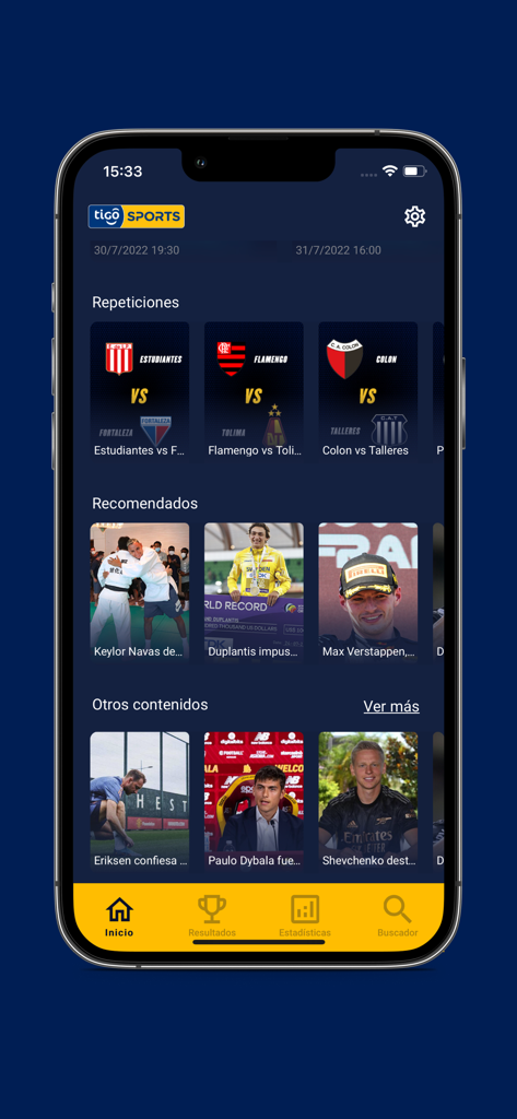 Tigo Sports Honduras - Home screen of the Tigo Sports Honduras app featuring soccer match replays and sports news