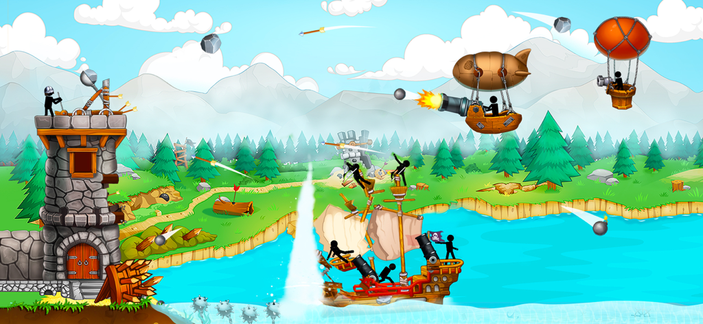 The Catapult: stick man game - Stickman using a catapult to defend a stone castle from pirate ships and airships.