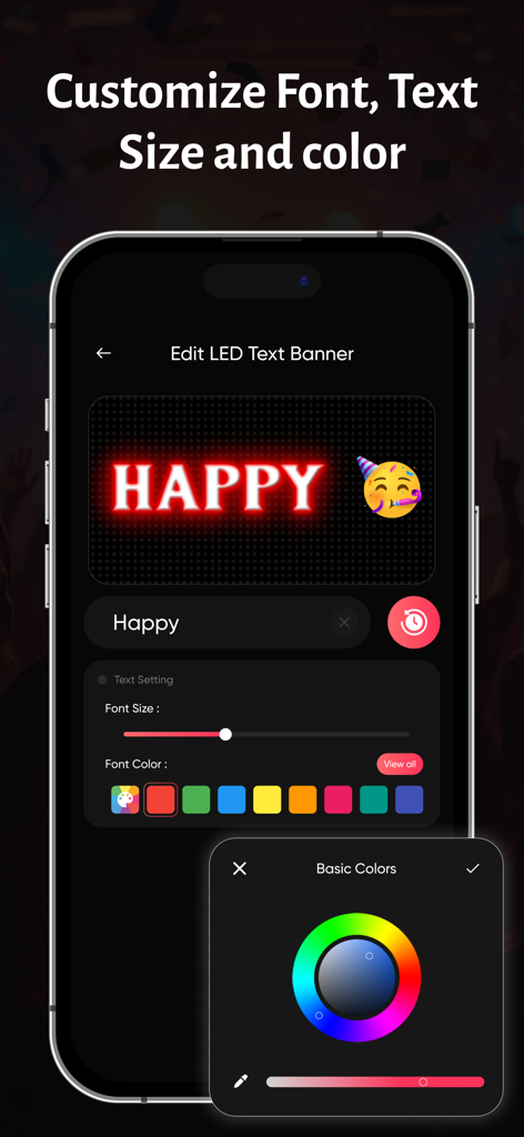 LED Text Banner : Scroll LED - Interfaz para personalizar el tamaño de fuente y los colores en una aplicación de banner de texto LED
