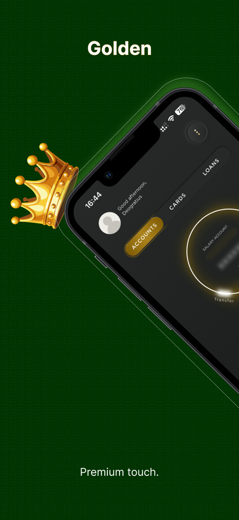Das hochwertige goldene Interface der CRDB Bank SimBanking App zeigt Kontodetails und eine personalisierte Begrüßung.