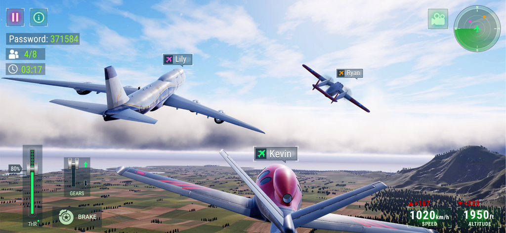 Multiplayer gameplay in Flight Simulator 2025 showing different aircraft flying together over a landscape.