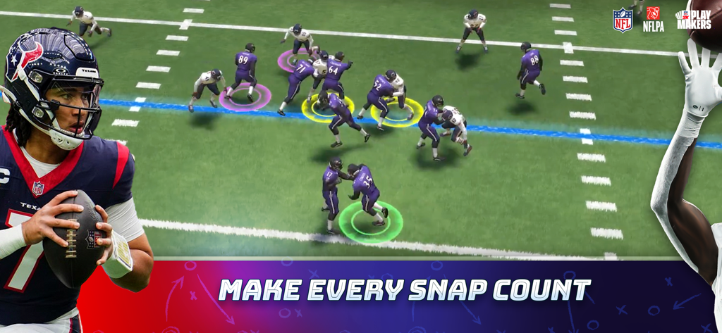 NFL 2K Playmakers - Scena di gioco d'azione del gioco mobile NFL 2K Playmakers che mostra un quarterback e giocatori su un campo da football