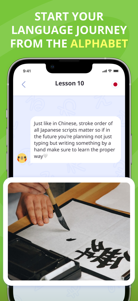 Korean and Japanese: Alfabird - Alfabird app interface displaying a chat-based lesson on Japanese script stroke order with a calligraphy image.