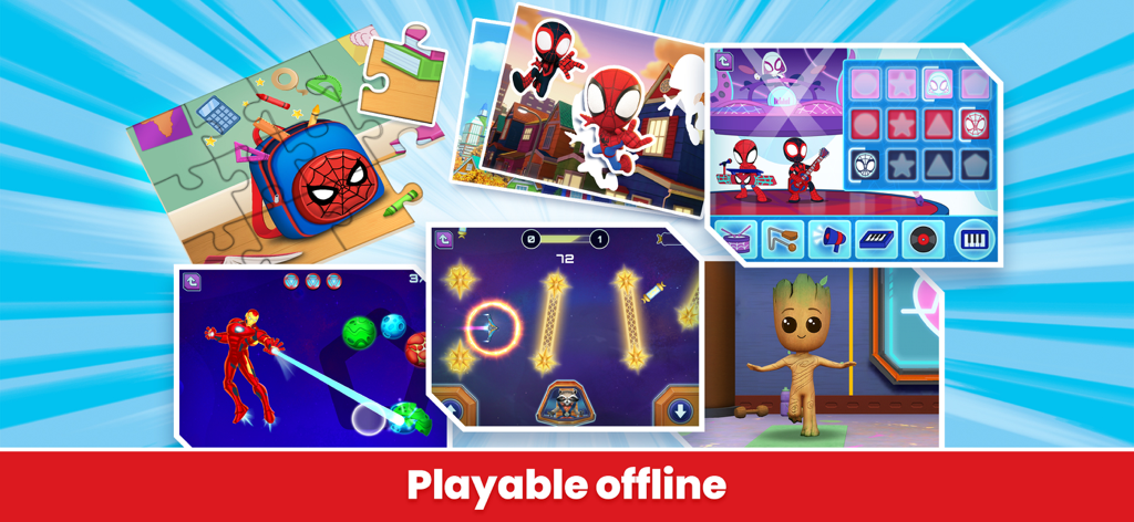 Un collage de minijuegos y actividades de superhéroes de Marvel mostrando a Spiderman, Iron Man y Groot con el texto 'jugable sin conexión'