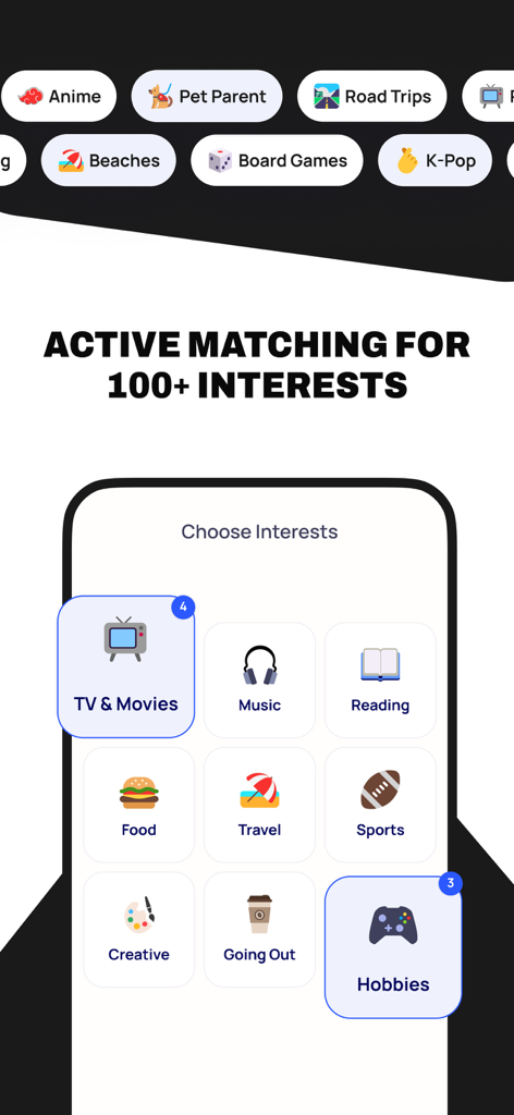A mobile app screen titled Choose Interests with various categories like music, reading, food, and sports for matching with friends.