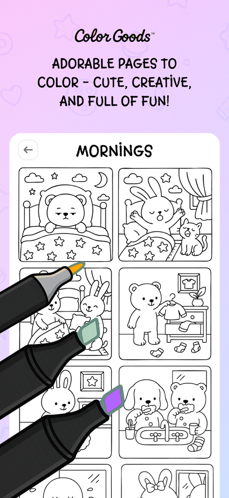 Color Goods™ - Coloring Games - A collection of adorable morning themed coloring pages featuring cute bears and bunnies in a cozy digital coloring book.