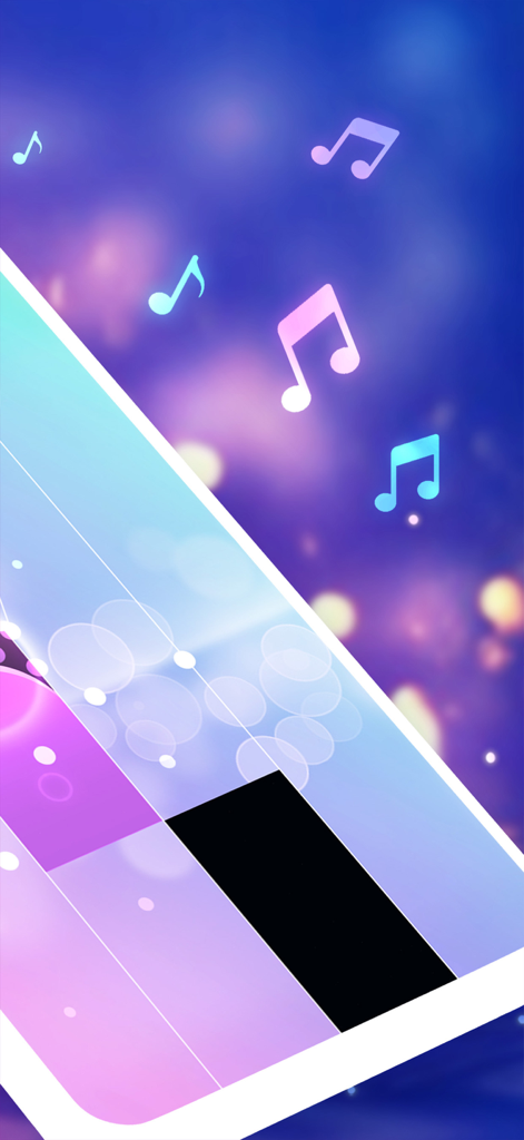 Music Tiles - Magic Piano Game - Interfaz del juego Music Tiles Magic Piano con teclas rosas y negras y notas musicales flotantes