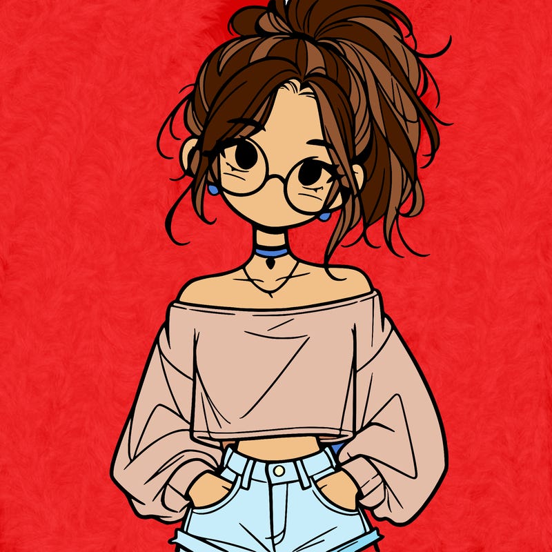 girl with a messy ponytail glasses a baggy crop top and jean shorts