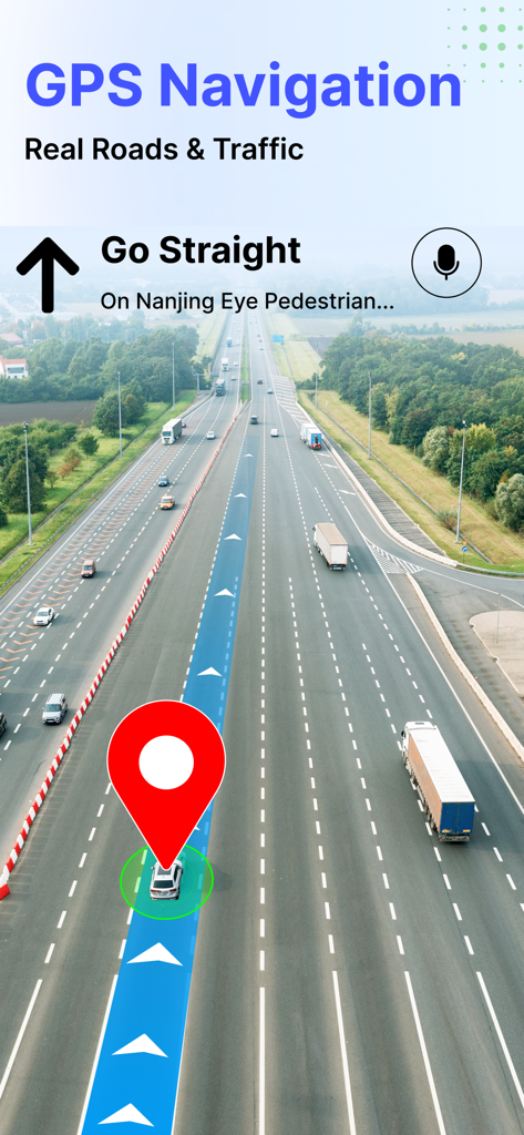 Live Mobile Number Location - GPS navigation interface showing a car on a multi-lane highway with real-time road and traffic updates