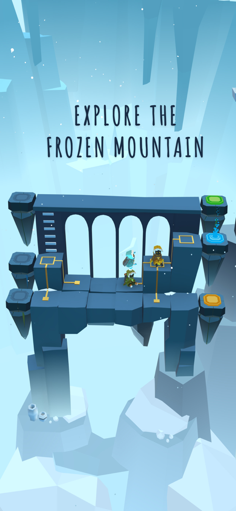 Three small explorers on a blue stone bridge in an icy mountain environment