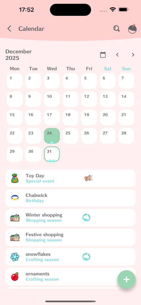 Planner for AC: NH - Calendar screen in the Planner for AC NH app showing December events and villager birthdays