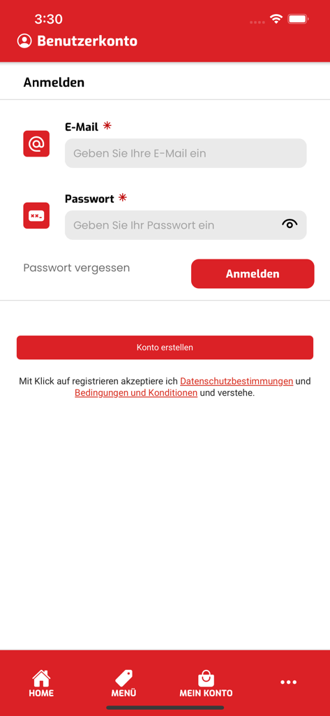 Pizza Taxi Santino Boden - Login page of the Pizza Taxi Santino Boden app with email and password input fields