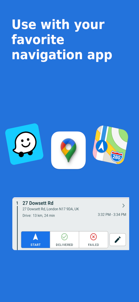 Maposcope Route Planner - Interfaz de Maposcope Route Planner que muestra la compatibilidad con Waze, Google Maps y Apple Maps para conductores profesionales