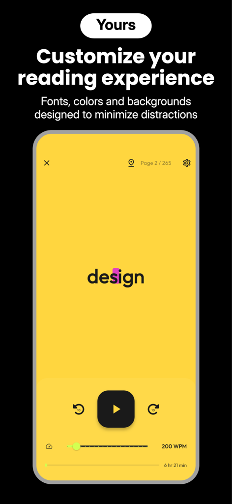 Lexia: Read Faster, Read More - Um smartphone exibindo a interface do aplicativo Lexia com um fundo amarelo e controles de velocidade de leitura personalizáveis