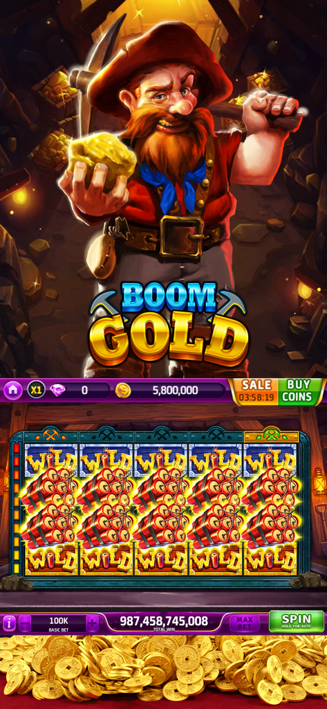 Gold Fortune Casino-Slots Game - Boom Gold slot machine interface with a miner character and dynamite wild symbols