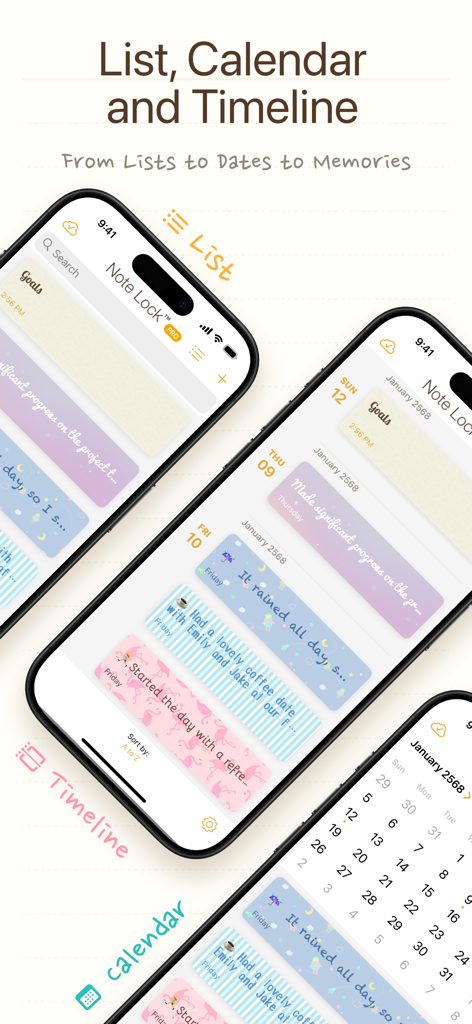 Note Lock~Lock your Tales Safe - Note Lock App-Oberfläche, die Listen-, Kalender- und Zeitleistenansichten mit ästhetischen Pastelljournal-Einträgen zeigt.