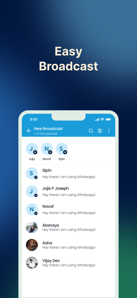 Happilee - Screenshot of the Happilee app demonstrating the easy broadcast feature to select and message multiple WhatsApp contacts.