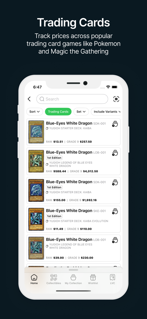 PriceCharting: TCG, Games+ - PriceCharting app showing market values for Blue-Eyes White Dragon Yu-Gi-Oh cards in various conditions