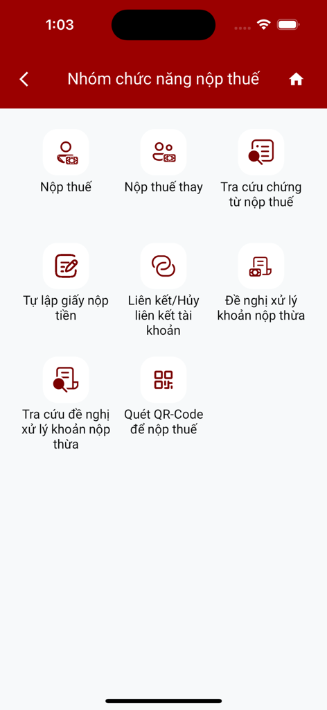 베트남어로 다양한 세금 서비스 아이콘이 있는 세금 납부 기능 메뉴를 표시하는 eTax Mobile 앱 인터페이스