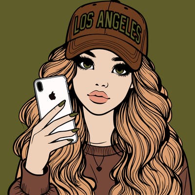 realistic beautiful girl wearing los ángeles cap holding an iphone